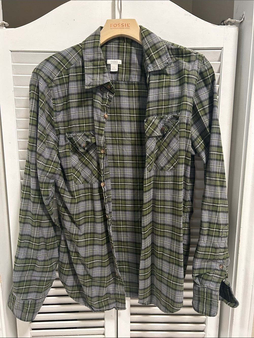 Fossil Men’s Olive and Gray Plaid Button-Down Shirt